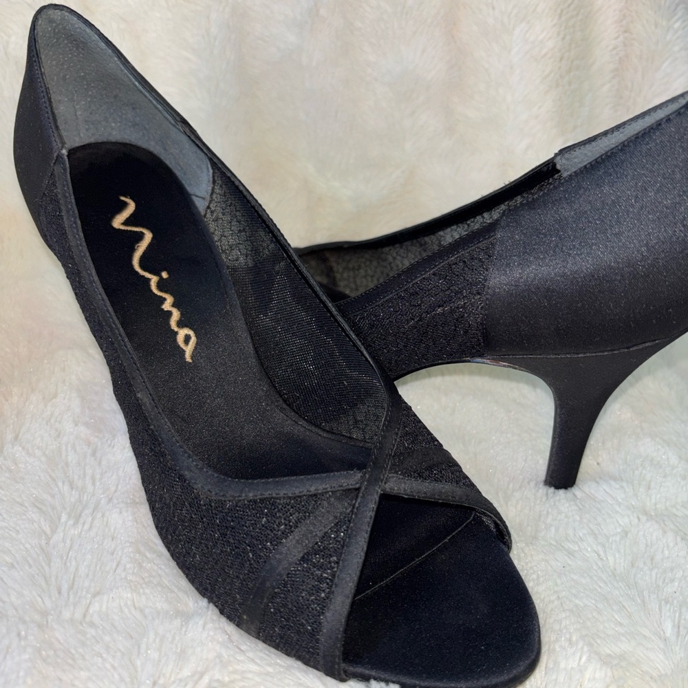 Nina Black Peep-Toe Satin & lace Mesh Heels size 9